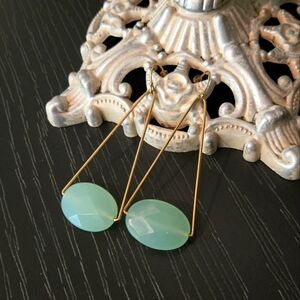 🔮 Geometric Gold and Faceted Jade Green Bead Drop Earrings